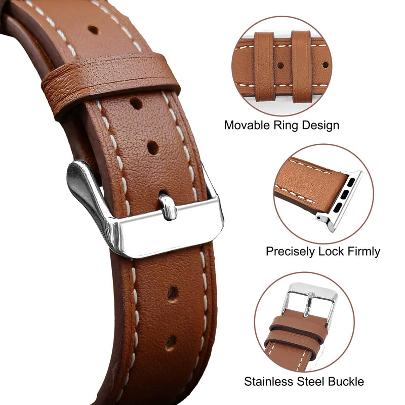 2 Pack Leather Bands(Yellow,Brown) Compatible with Apple Watch Band 38/40/41/42/44/45/46/49mm, Soft Leather Watch Replacement Band for Watch Series Ultra SE 10 9 8 7 6 5 4 3 2 1 for Women Men