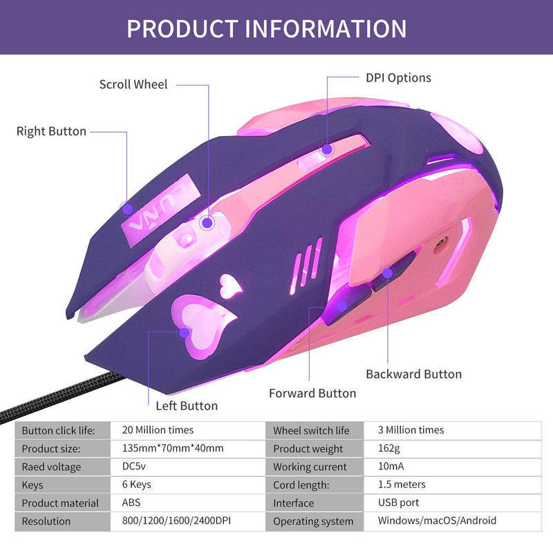 Gaming Mouse,Pink Backlit Optical Game Mice Ergonomic USB Wired with 2400 DPI and 6 Buttons 4 Shooting for Computer/Win/Mac/Linux/Andriod/iOS. (Purple) purple