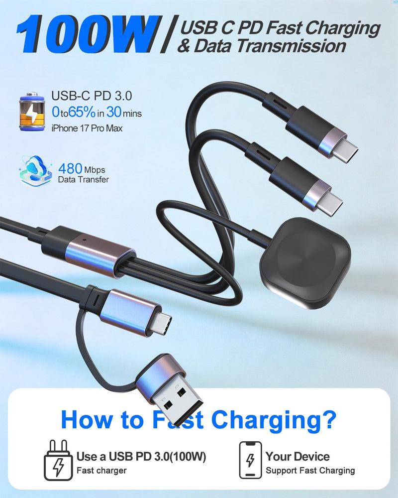 Retractable Multi Charging Cable 100W - 3 in 2 Travel Portable Retractable Charger Cords with 2 USB C and iWatch Charger Port for iPhone 17/16/15 Series, iPad, Apple Watch 11/10/9/8/7/SE Series, 4FT