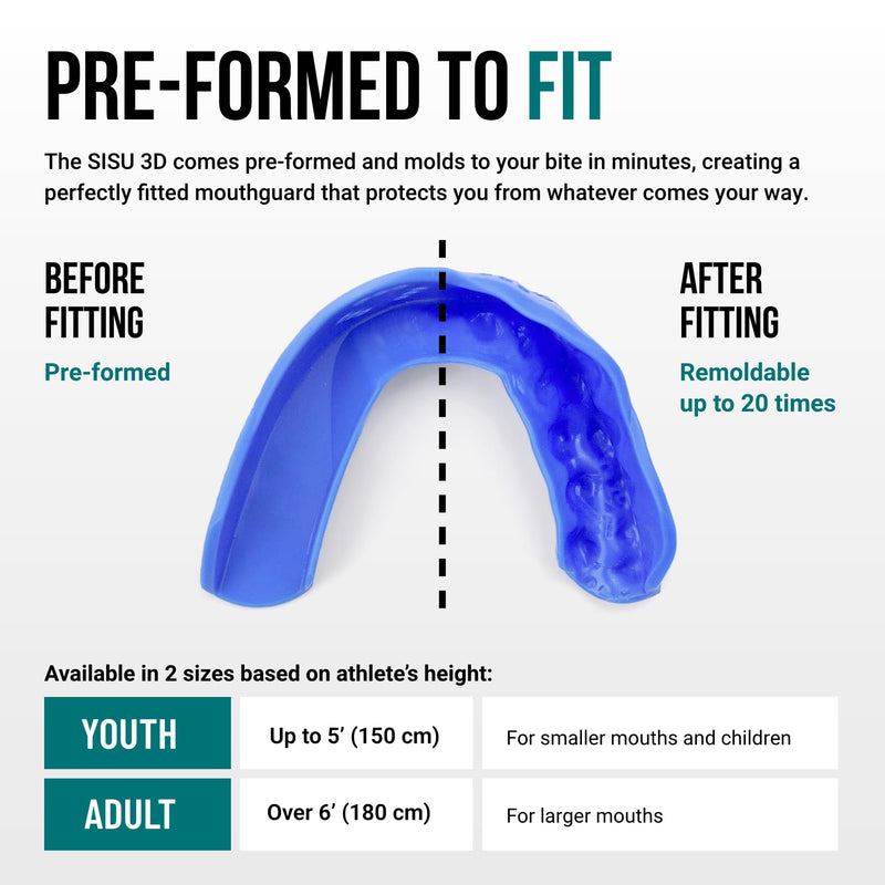 SISU 3D Mouthguard - Pre-Formed, Easy Fit Protection for Lacrosse, Football, Hockey, Team Sports - Remoldable Up to 20 Times - Non Toxic Youth (under 5' tall) Royal Blue