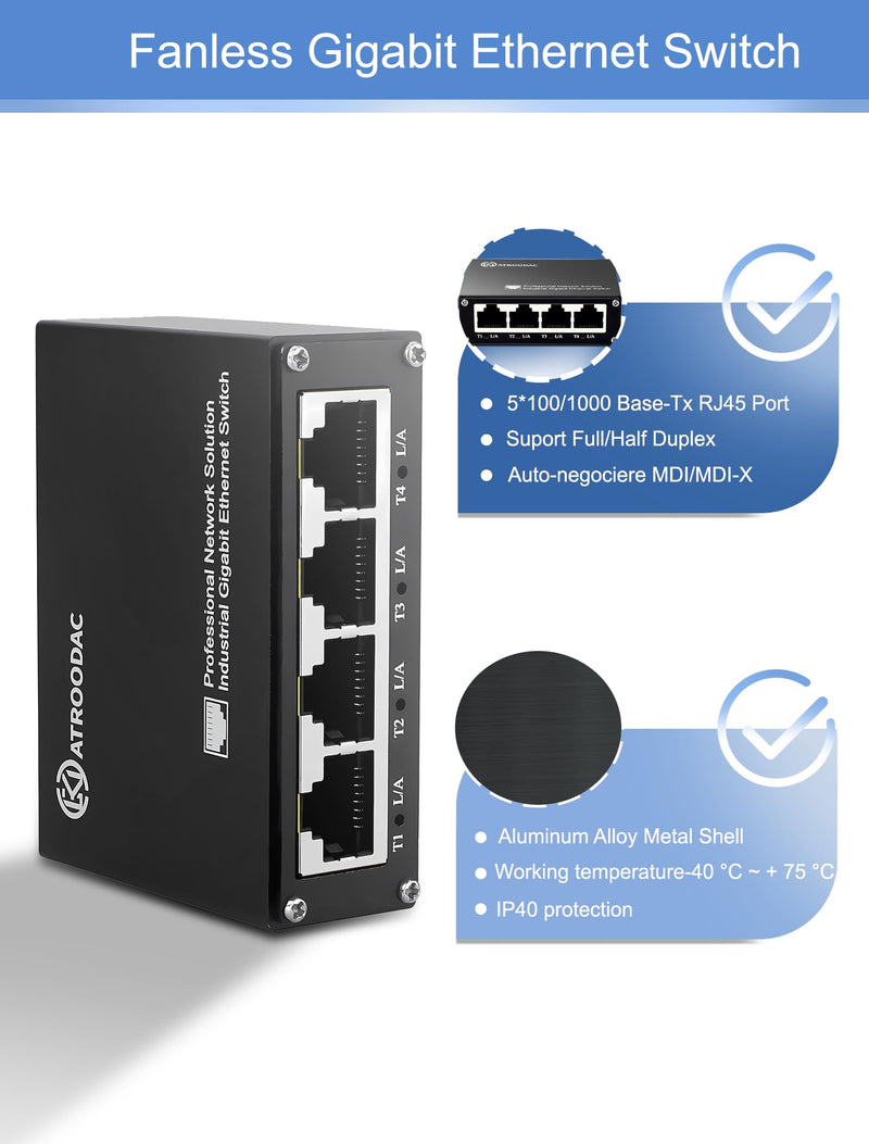 Mini 5 Port Gigabit Ethernet Switch, USB-C Powered, Plug & Play | Unmanaged Network Switch, 10/100/1000 Mbps, Fanless Metal Design, Desktop Network Hub for Home/Office Network Expansion