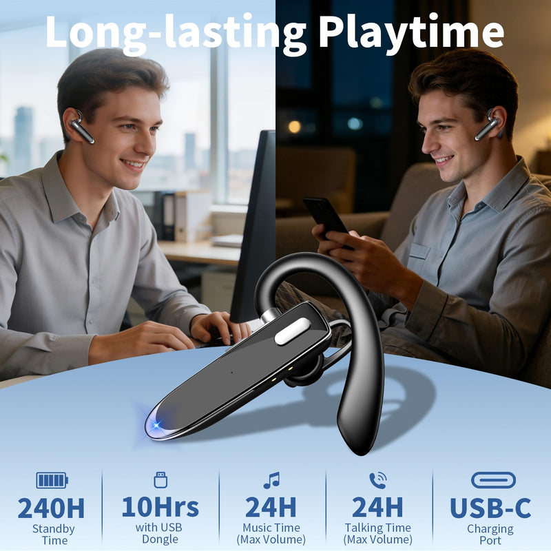 Bluetooth Headset with USB Dongle,Wireless Headset with Mic for Work | Bluetooth 6.1,24H Talk Time&10H Playtime via USB,Dual connect & Mute Bluetooth Earpiece with Noise Canceling for Work Trucker Phantom Black