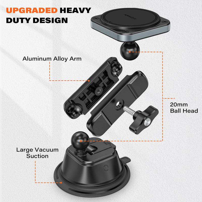APPS2Car Heavy-Duty Vacuum Suction Phone Mount for Car Windshield Dashboard | Industrial 20x N55 Magnet, Alloy Arm, Ultra-Stable Suction Cup Magnetic Phone Holder for iPhone MagSafe/Samsung/Android