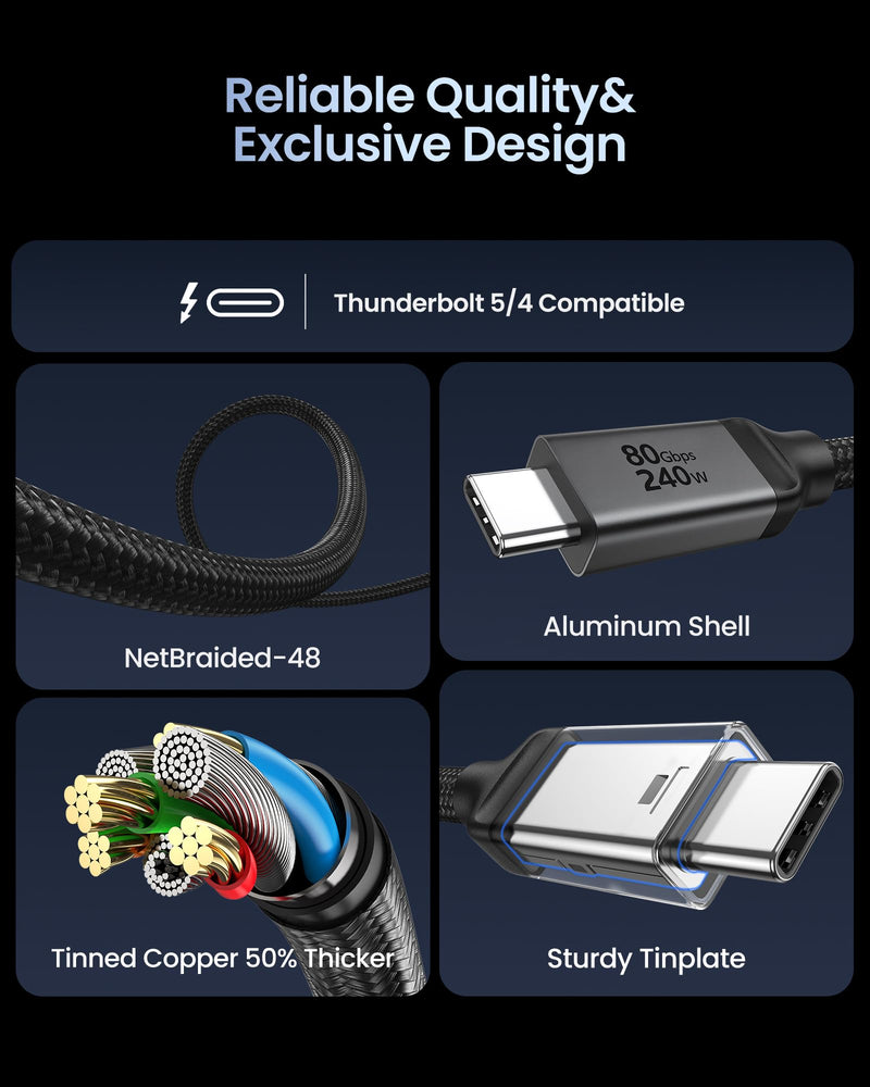 Silkland USB 4 for Thunderbolt 5 Cable 6.6FT/2M, 80Gbps 240W, Dual 8K@60Hz | with 120Gbps Bandwidth, Braided USB C Video Cable Compatible for Thunderbolt 4/5, SSD, MacBook, iPhone17/16 6.6 Feet
