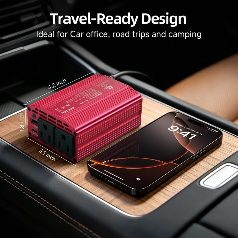 BESTEK 400W Car Power Inverter DC 12V to AC 110V Car Charger Plug Adapter | PD 30W USB-C & USB-A 3.0 Fast Charging, Car Charger Cigarette Lighter Adapter, Portable Outlet for Laptop, Road Trip, Camping Red