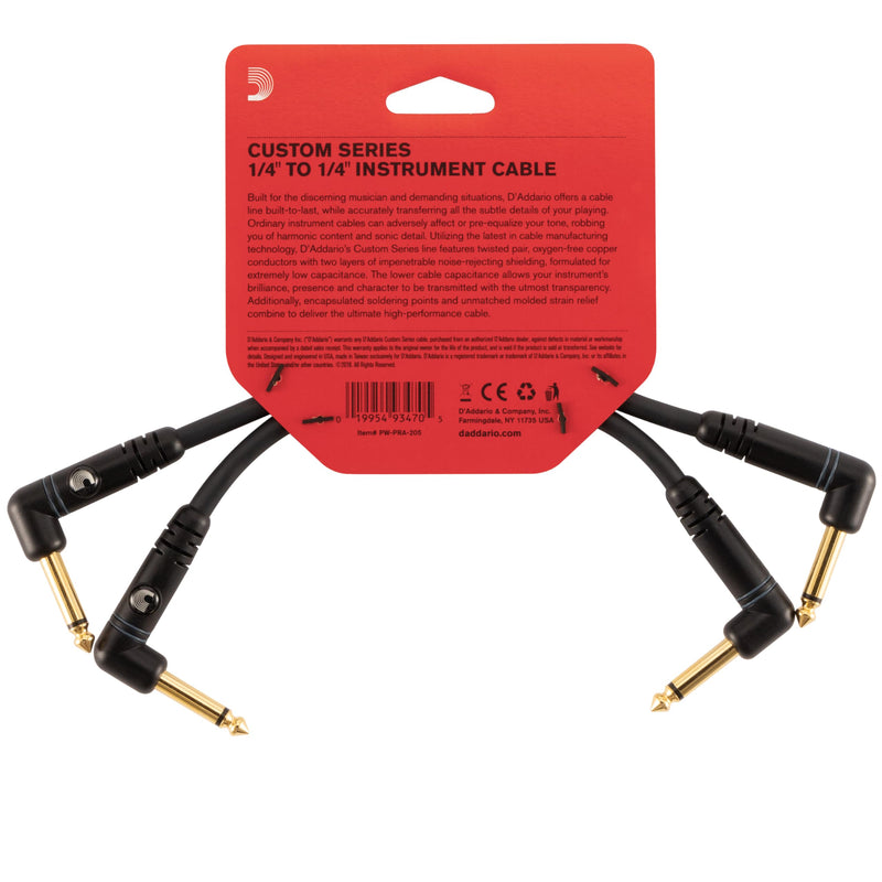 D’Addario Cable, 1/4", Black, 0.5 Feet (2-Pack) (PW-PRA-205) 0.5 Feet (2-Pack) Right Angle