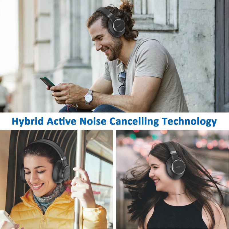 KVIDIO Active Noise Cancelling Headphones, 65 Hours Playtime Bluetooth Headphones with Microphone, Transparency Mode, Deep Bass and Hi-Fi Stereo Sound (Black) Black