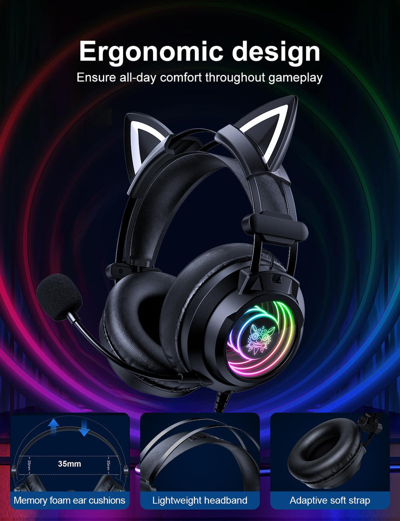 [AUSTRALIA] - Gaming Headset with Microphone, Detachable Cat Ears, Abyssal Mirror RGB Light, 50 MM Drivers Surround Sound, Lightweight Gaming Headphones for PC/Laptop/PS4/PS5/Switch 