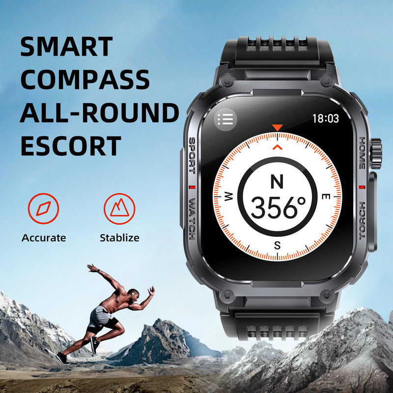 Military Smart Watch Sport Fitness Tracker, with LED Flashlight, 3ATM Waterproof, Answer/Make Calls Message Notification,Heart Rate Blood Oxygen Sleep Monitor, 2.02“ Big Screen, for iPhone/Android