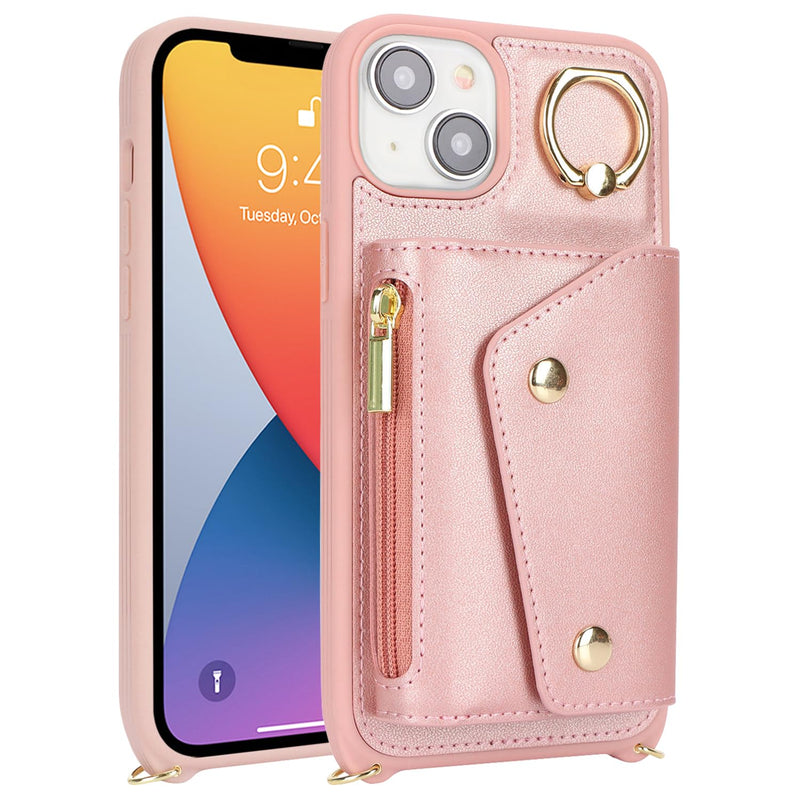 for iPhone 14 Case with Card Holder and Strap - Zipper Pocket,Crossbody Lanyard Strap,Credit Card Holder,Stand Ring,Cute Phone Wallet Case for Women(Rose Gold,6.1 Inch) A-Rose Gold