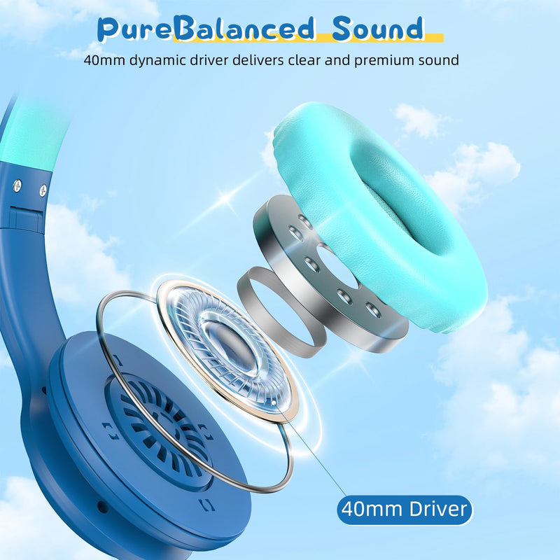 2023 Bluetcooth Kids Headphones Fit for Aged 3-21, Colorful LED Lights Comfort Wireless Headphones with Microphone 94dB Volume Limited for School/iPad/PC/TV/Cellphones, Wired & TF Card Mode, Blue