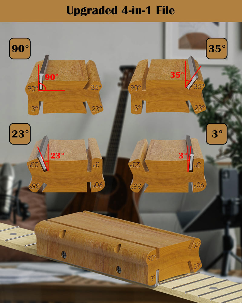 3/23/35/90 Degree Fret End Dressing, 4 in 1 Fret File-Guitar Bass Fret Beveling File Tool, Professional Luthier File for Crowning, Shaping and Deburring Frets