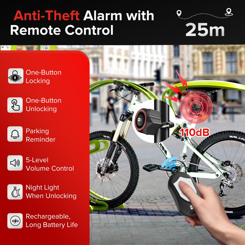 Bike Alarm,110dB Loud Waterproof Wireless E-Bike Alarm with Remote,Anti Theft Alarm Adjustable Volume Motorcycle Alarm Wireless Motion Sensor Alarm for Bicycle, Ebike,Ebike Accessories
