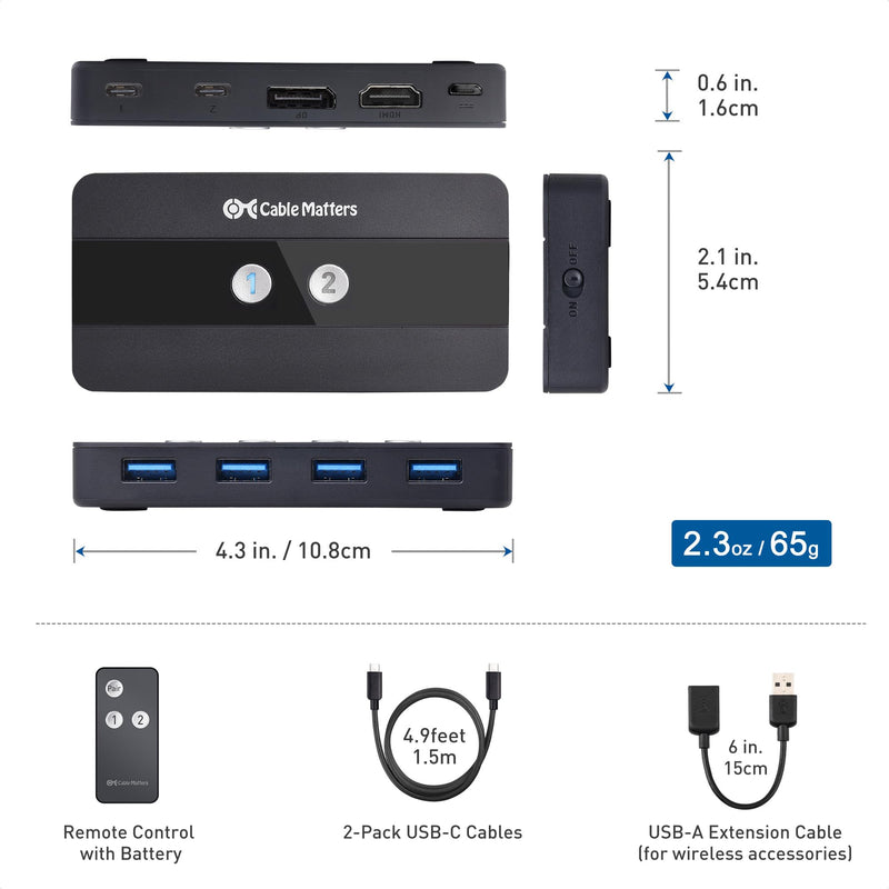 Cable Matters Dual 4K 60Hz USB C KVM Switch, 2 Computers, 2 Monitors | RF Remote, HDMI, DisplayPort, 4x USB 3.0, Not for Desktop PCs/Chromebooks, No Charging, No EDID