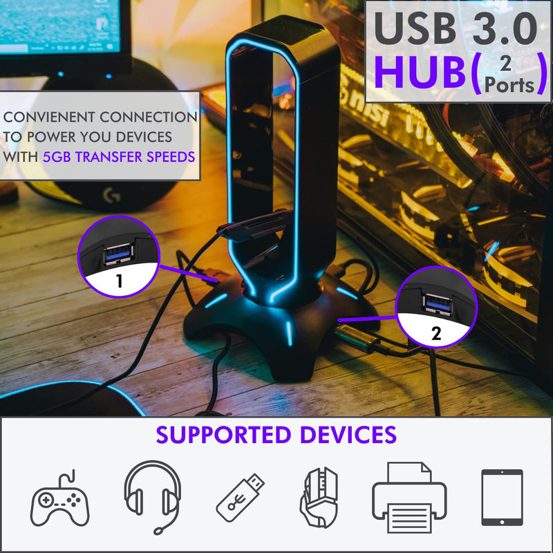Tilted Nation RGB Headset Stand and Gaming Headphone Stand for Desk Display with Mouse Bungee Cord Holder - Gaming Headset Holder with USB 3.0 Hub for Xbox, PS4, PC - Perfect Gaming Accessories Gift Black