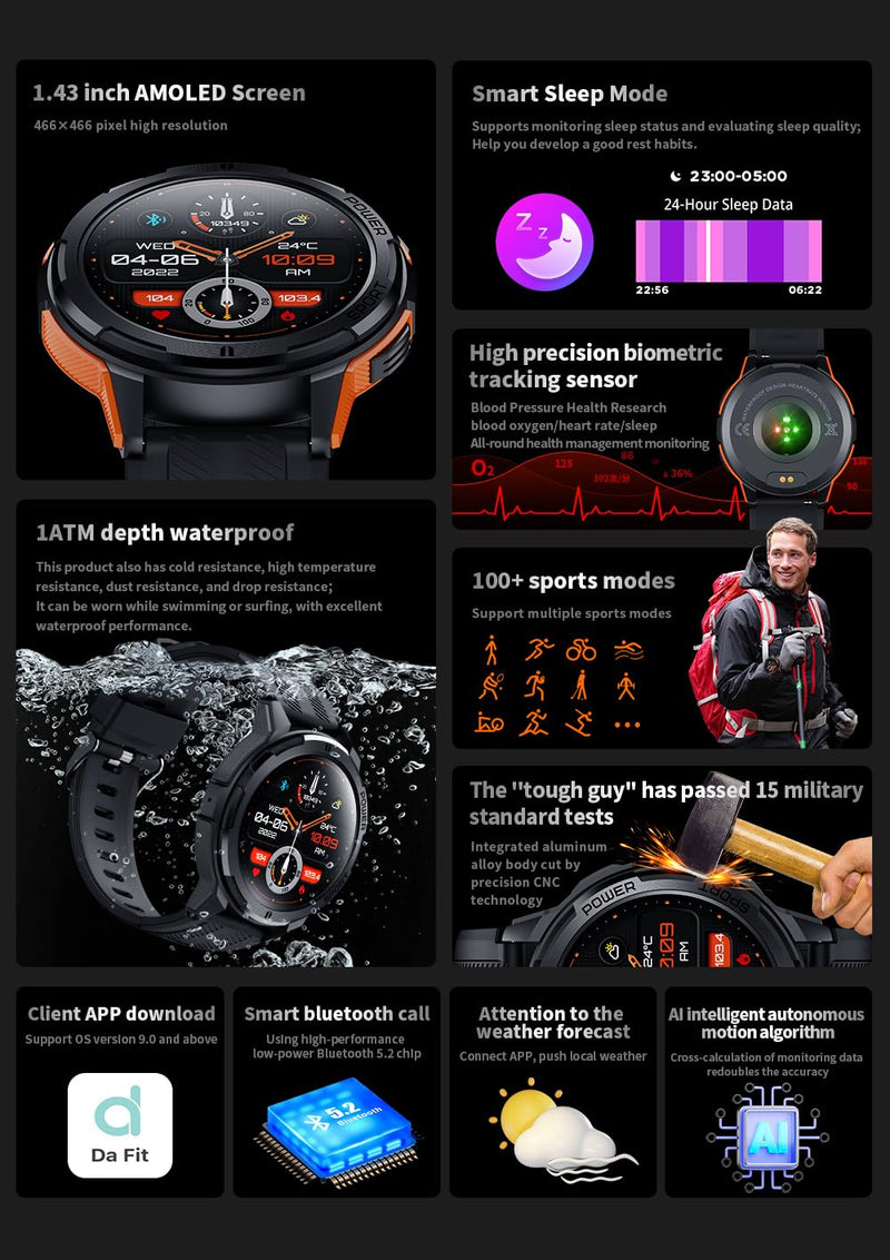 Gravity C25 1.43" AMOLED Smartwatch with Always-On Display, Bluetooth Call, AI Voice, 100+ Sports Modes, Heart Rate & Sleep Monitor, 1 ATM Waterproof, Fitness Tracker for iOS & Android (Gray)