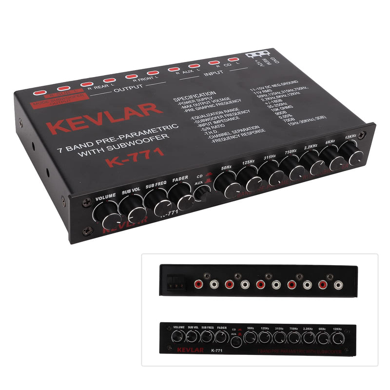 7 Band Car Audio Graphic Equalizer with Low Pass Filter, High Level Inputs, Front Rear Sub Outputs Universal Pre Amp EQ for Car Stereo Systems