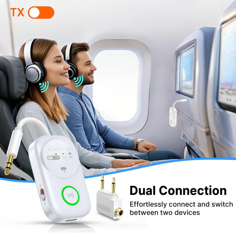 Bluetooth 5.4 Transmitter Receiver for 2 AirPods/Headphones, 2-in-1 Wireless Adapter with Microphone, Audio Adapter with 3.5mm Audio Jack, Suitable for Airplane, Car, TV, PC, Home Stereo White