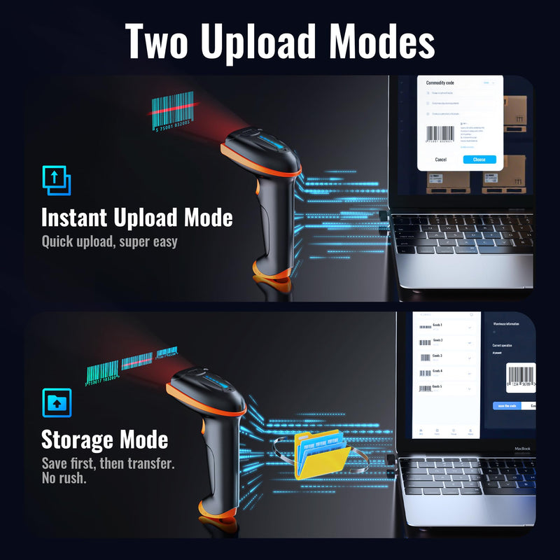 Tera Barcode Scanner Wireless 1D Laser Cordless Barcode Reader with Battery Level Indicator, Versatile 2 in 1 2.4Ghz Wireless and USB 2.0 Wired 1D Orange