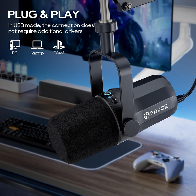 FDUCE SL40 USB/XLR Dynamic Microphone for Podcasting, Gaming, Live Streaming and Recording, Built-in Headphone Output, LED Mute Button, All Metal, Voice Isolation Technology