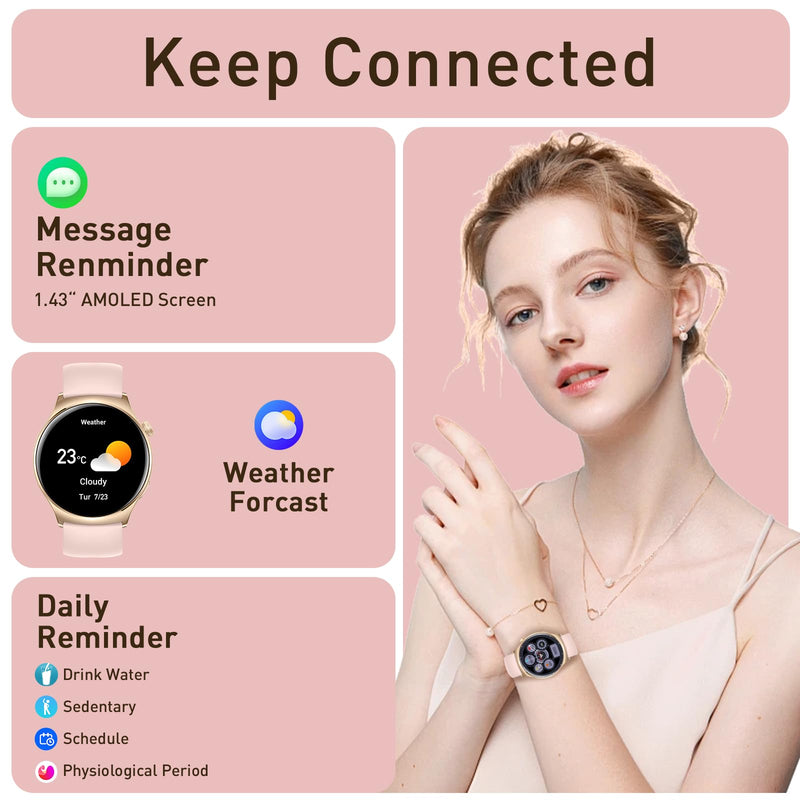 Smart Watches for Women,1.43" & 1.83" HD Watch with Calls and Messages/Heart Rate/Sleep/Female Cycle,Fitness Tracker Smartwatch for Android/iOS Compatible,Pink & Pink/3 Watch Straps