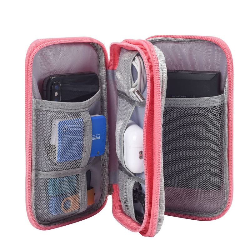 Electronic Organizer Travel USB Cable Accessories Bag/Case,Waterproof for Power Bank,Charging Cords,Chargers,Mouse ,Earphones Flash Drive Double Layer - Pink
