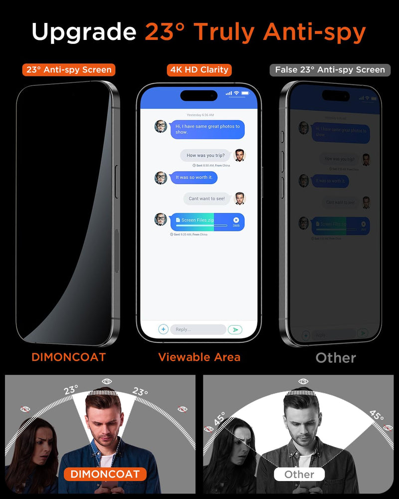 DIMONCOAT 4-PACK for iPhone 15 Pro Max Privacy Screen Protector [Auto Alignment Kit] [10X Military Protection] Compatible iPhone 15 Pro Max 6.7 inch Tempered Glass Film [Case Friendly] iPhone 15 Pro Max-6.7 Inch