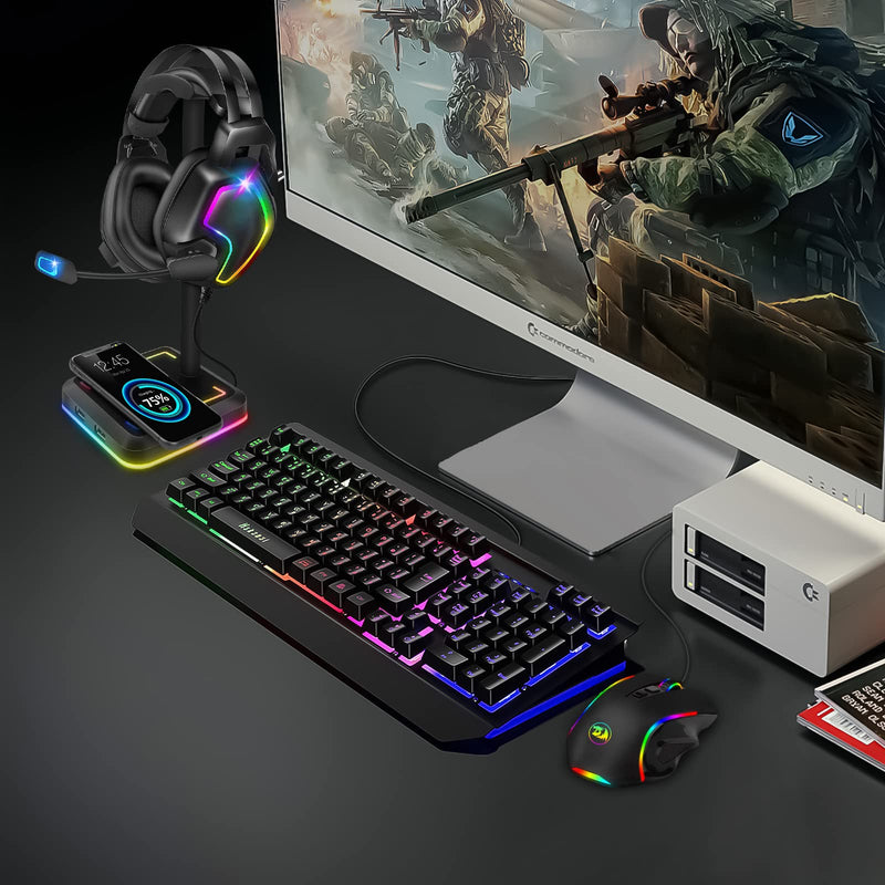 Headphone Stand with Wireless Charger TEEDOR RGB Gaming Headset Holder Hanger Rack with 10W/7.5W QI Charging Pad & 2 USB Charger Ports for Desktop PC Game Earphone Accessories, Black