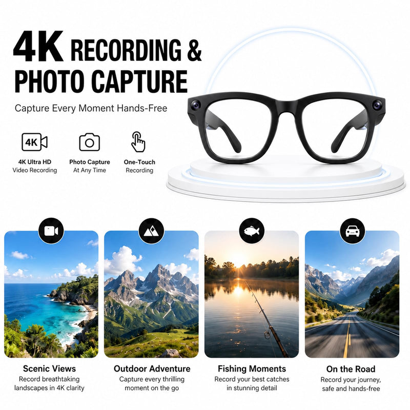 8MP AI Smart Glasses with HD Camera, Bluetooth Wearable Eyeglasses for Men & Women, 1080P POV Video Recording, Dual-Mic Noise Reduction, Voice Control, Lightweight Design M20
