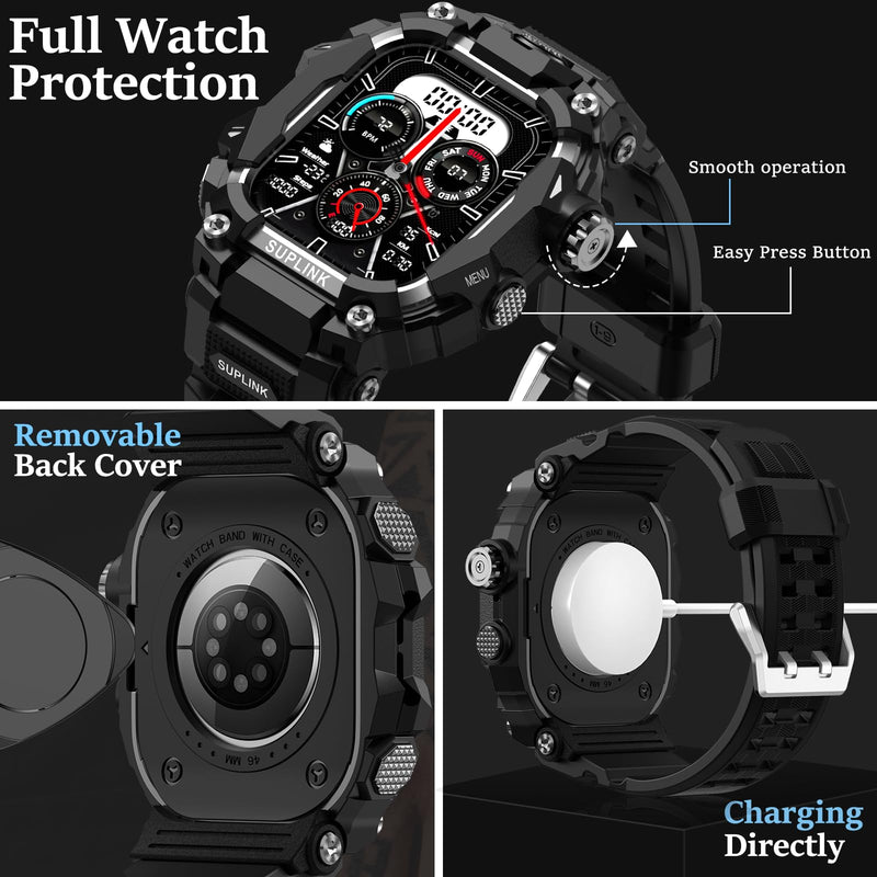 SUPLINK Rugged Case with Sport Band for 44mm Apple Watch Bands and Stainless Steel Apple Watch Band for Men Grey