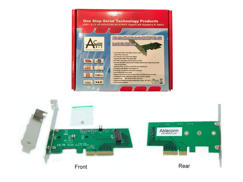 Ableconn PEXM2-SSD M.2 NGFF PCIe SSD to PCI Express x4 Host Adapter Card - Support M.2 PCIe (NVMe or AHCI) Type 2280, 2260, 2242 PCIe M.2 (M-Key)