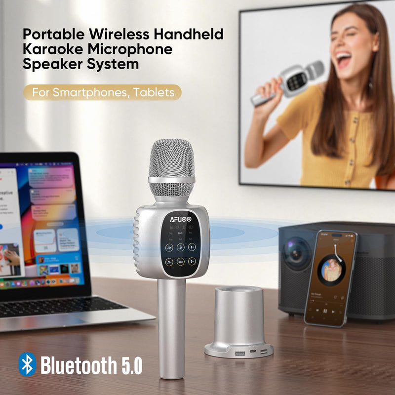 Wireless Bluetooth Karaoke Microphone Speaker for Adults, Karaoke Mic with Stereo Speaker for Smartphone, Tablet, Duet Singing Karaoke Mic for Speech, Home Party, Vocal Changer, Silver Included base
