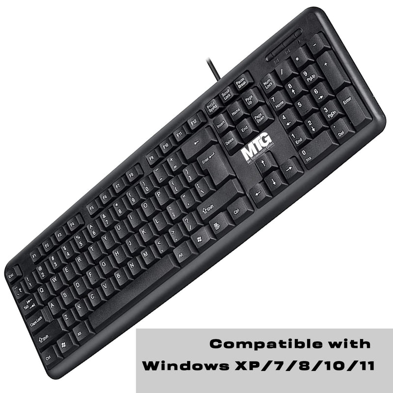 MTG Full Size Wired Computer Keyboard, with 5ft USB-A Cable, 104-keys, Foldable Legs and noiseless Key, Compatible with PC, Laptop and Windows 7/8/10/11