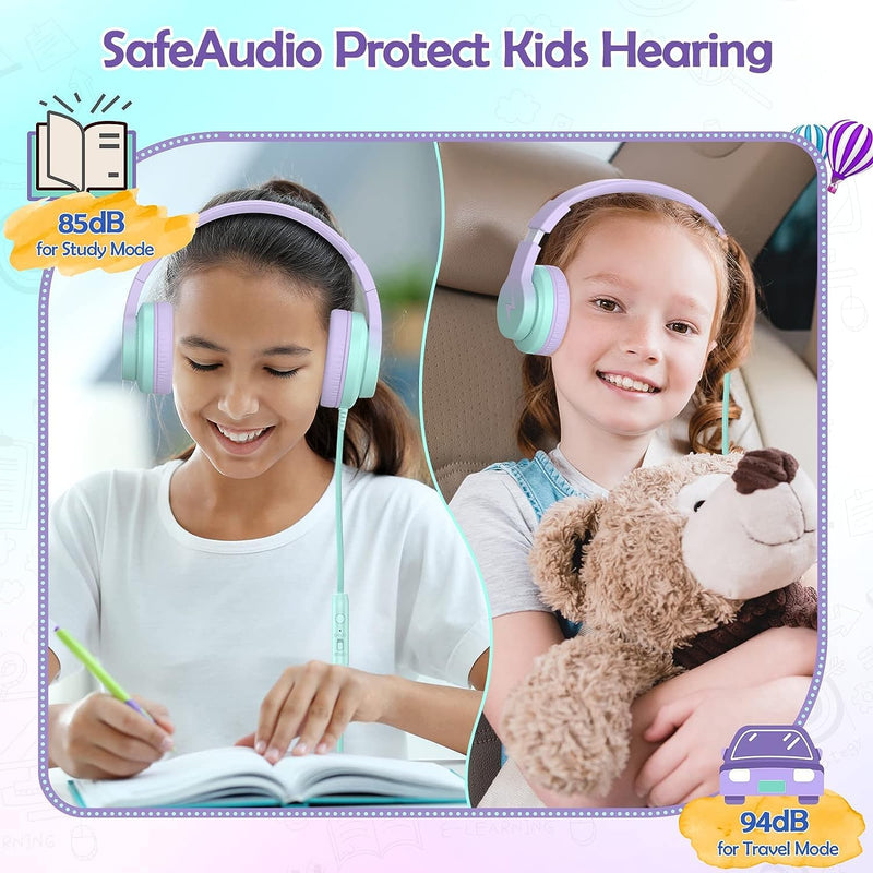 Kids Headphones, Wired Headphones for Kids Over Ear with Microphone, 85/94dB Volume Limiter Headphones for Girls Boys with Sharing Jack, Foldable Headphones for Online Study,Gradient Purple Light Purple