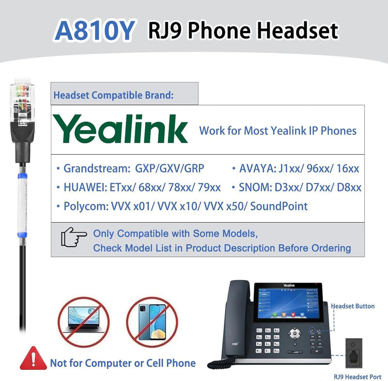 Arama Yealink Headset with Microphone Noise Cancelling, RJ9 Telephone Headsets for Office Phones Compatible with Yealink T20P T21P T26P T23G T46G T48G T42S T46S Avaya 1608 9608 9611 Grandstream Phones A810Y-Monaural
