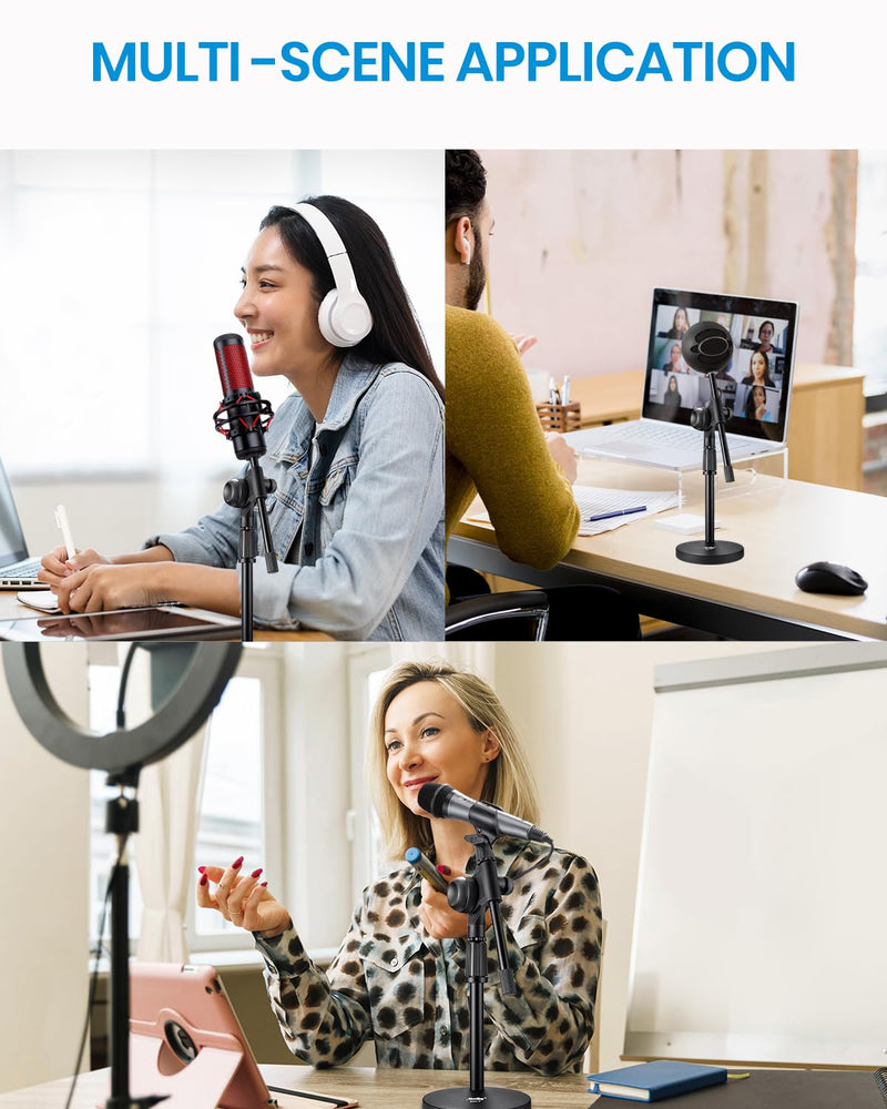 Moukey Mic Stand Desk Adjustable Tabletop Microphone Stand with Non-Slip Mic Clip, Short Table Mic Stand with Gear Fixing, Boom Arm, 3/8" and 5/8" Adapter, MMs-5