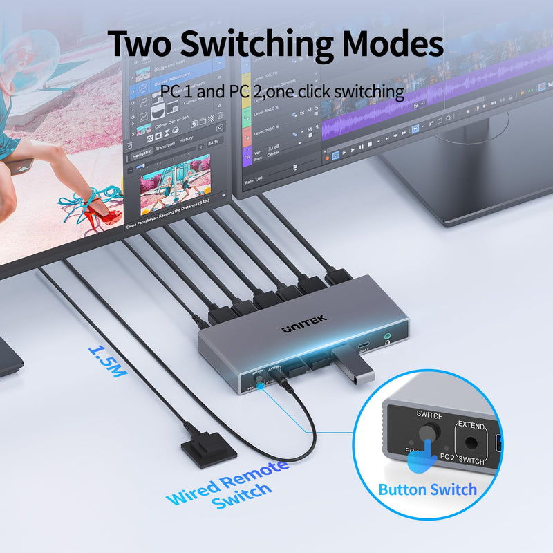 Unitek KVM Switch 2 Monitors 2 Computers DisplayPort Dual Monitor 4K 60Hz | DP KVM Switcher 2PC 4 USB 3.0 Ports for Keyboard Mouse Hard Drives Printer Home Office Gaming Gray Aluminum(NOT SUPPORT HDMI) Grey