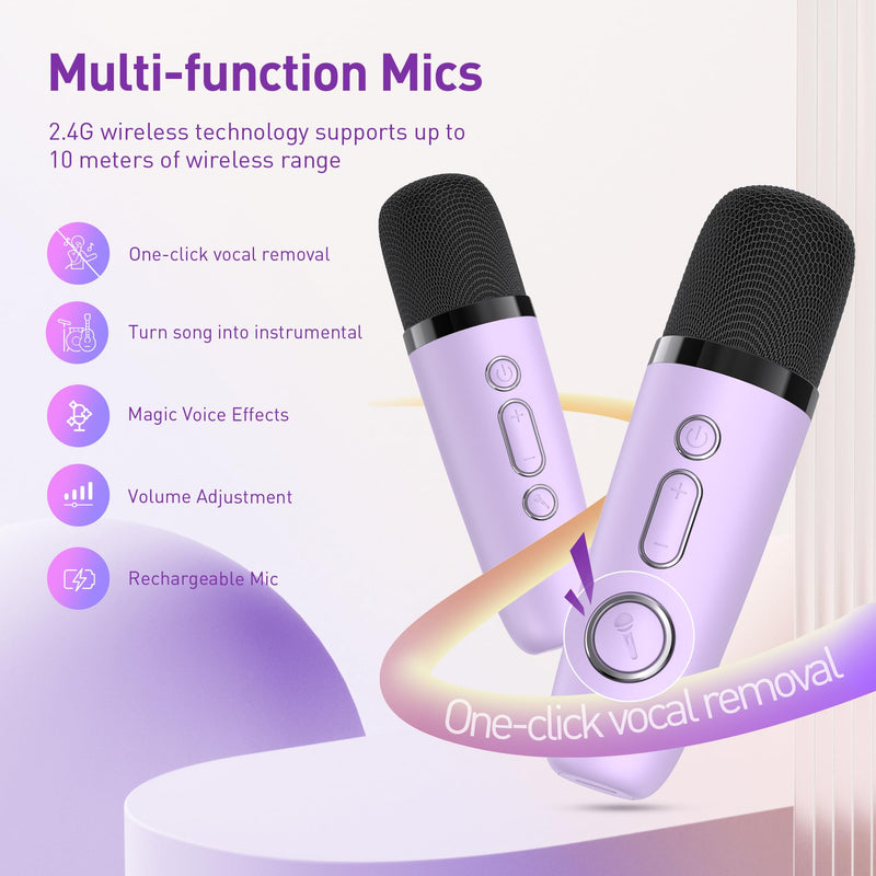 Mini Karaoke Machine: Mini Karaoke Machine with 2 Wireless Karaoke Microphones and Light for Family Home Party - Portable Singing Karaoke Speaker - Stage-subwoofers (Purple) Purple