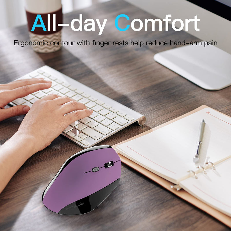 Memzuoix Ergonomic Mouse Wireless, 2.4G Optical Cordless Mice with 800 / 1200 /1600 DPI, Vertical Computer Wireless Mouse for Laptop, Mac, PC, Desktop (for Right Hand, Large), Purple