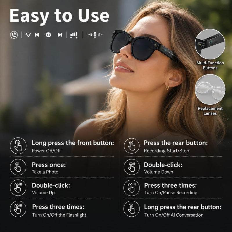 Smart Glasses with Camera, Bluetooth AI Sunglasses for Travel