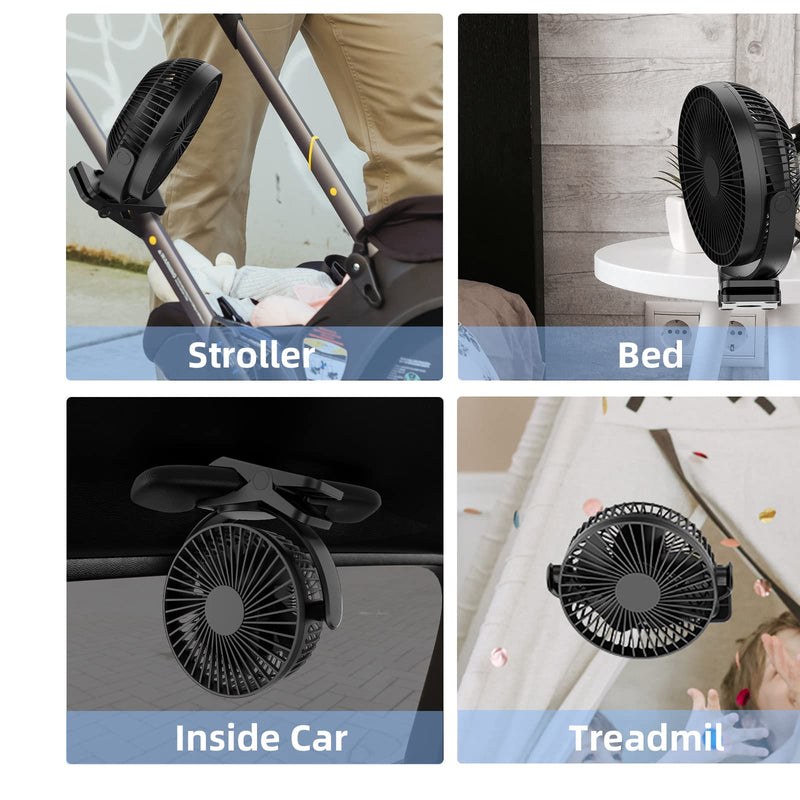 ATEngeus USB Desk Fan, 5000mAh Rechargeable Portable Fan, 5 Inch Clip-on Fan, 3 speed strong airflow, Dual 360° Rotation, with USB data cable, Suitable for home, office and stroller. (black) TF-28B-5''
