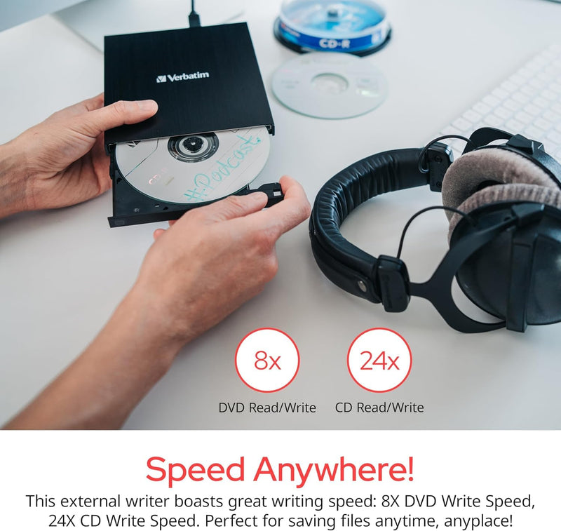 Verbatim Slim External Burner CD/DVD +/-RW Optical Drive USB 2.0 with USB A to USB C Adapter and M-DISC Support - Mac & PC Compatible Nero Burn & Archive Software Included (Windows only) 0.6" x 5.6" x 5.3"