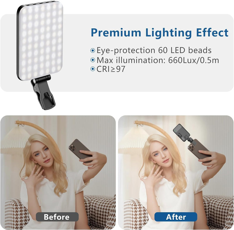 60 LED High Power Rechargeable Clip Fill Video Conference Light with Front & Back Clip, Adjusted 3 Light Modes for Phone, iPhone, Android, iPad, Laptop, for Makeup, TikTok, Selfie, Vlog 2000 Mah - Black
