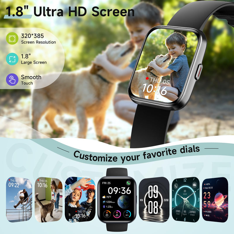 Smart Watch for Men Women, 1.8" Fitness Tracker for Android & iPhone, Answer/Make Calls, Alexa Built-in, Heart Rate/Sleep/SpO2 Monitor Smartwatch, 3ATM Waterproof Watches, 101+ Sport Modes, 2 Bands Matte Black 1.8 inches