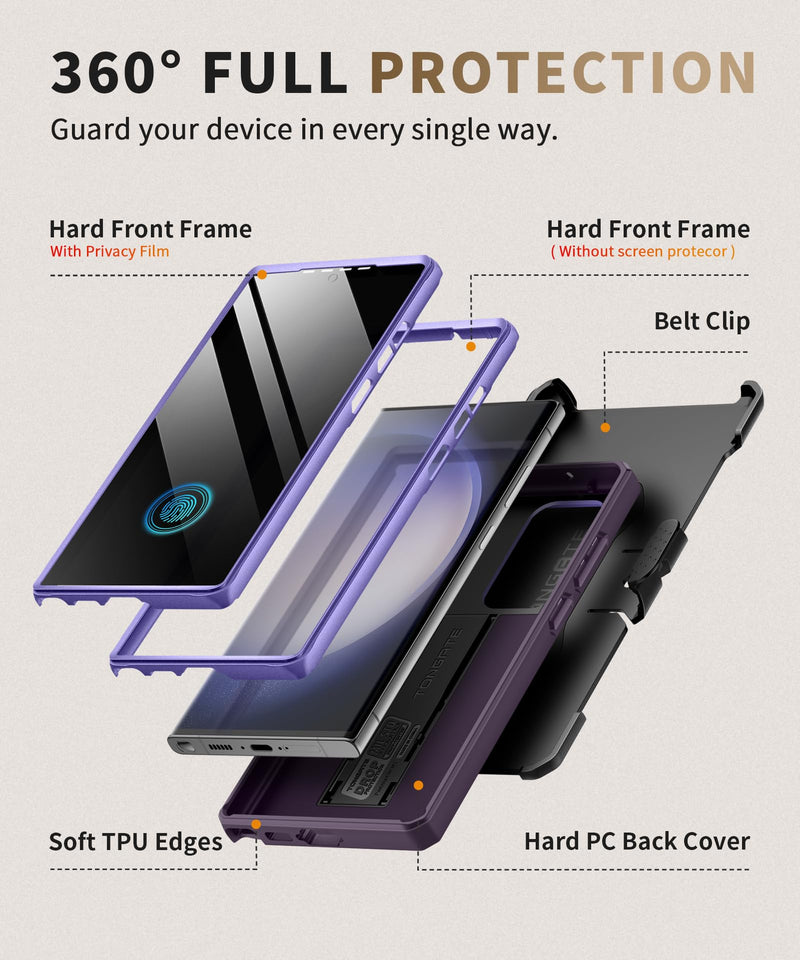 TONGATE for Samsung Galaxy S23 Ultra Case, 2 Front Frames & Stand, P-Purple | Built-in Slide Camera Cover & Screen Protector, Military Grade Shockproof S23 Ultra Phone Case with Kickstand & Belt-Clip Pri-Purple
