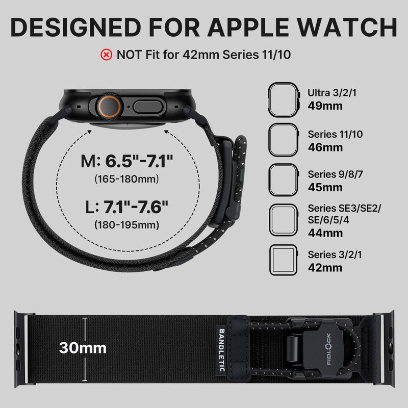 Bandletic Compatible with Apple Watch Ultra 3 / Ultra 2 Bands 49mm for Men | 30mm Wide Braided Nylon Strap with Magnetic Fidlock Hook Rope Buckle for iWatch Series 11/10 46mm, 9/8/7 45mm, SE/6/5/4 44mm Black Large(7.1"-7.6") 49/46/45/44mm