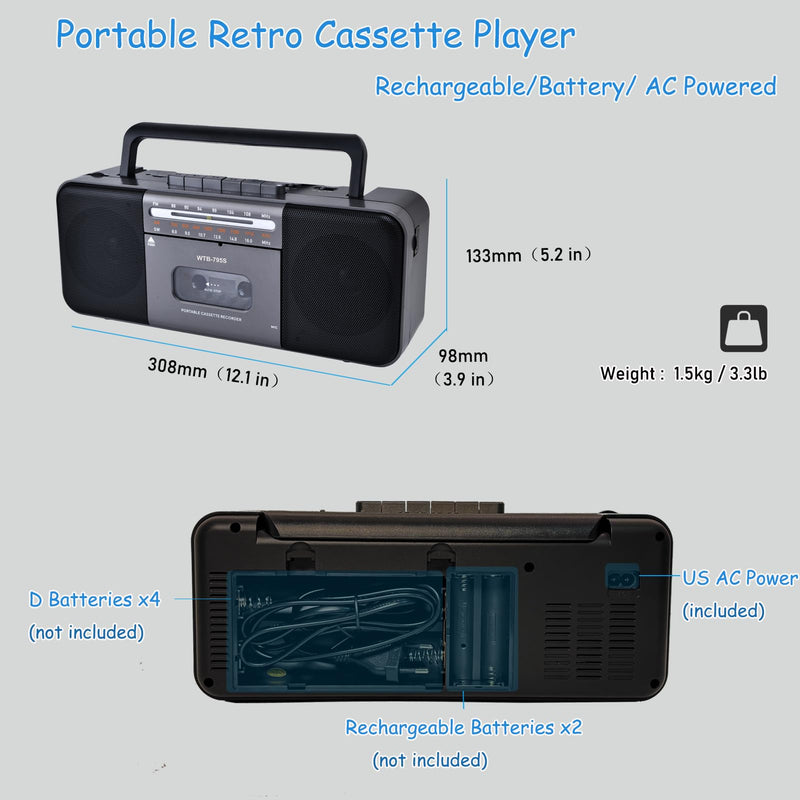 Portable Cassette Tape Player Recorder,AM/FM/SW Radio Stereo with Bluetooth,USB/SD, Big 10W Speaker,Record to Cassette/U Disk/SD Card via Mic, MP3 Converter, Earphone Jack,AC/DC Powered Black