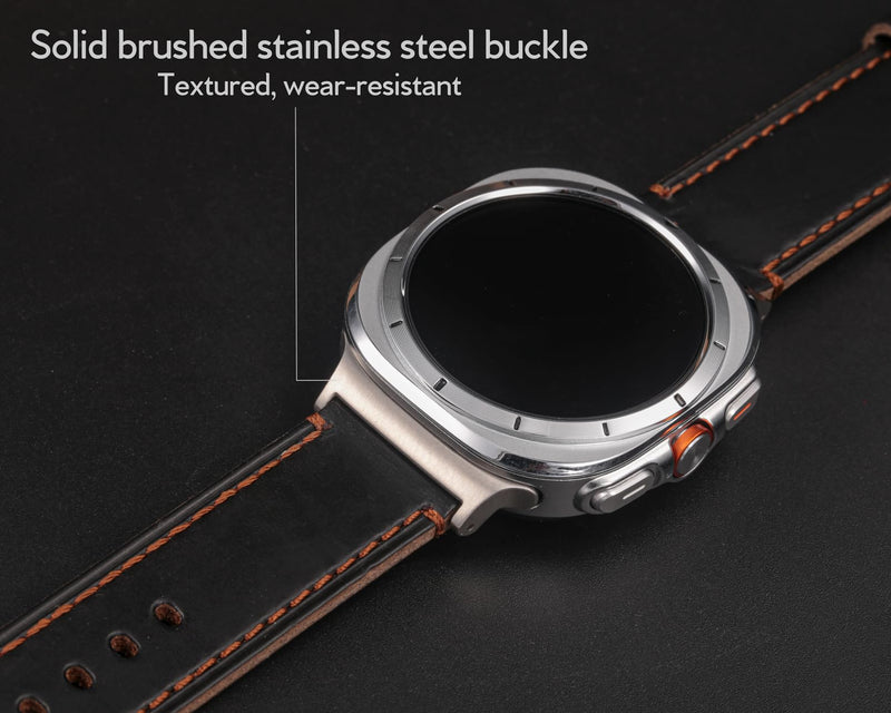 Band Compatible with Samsung Galaxy Watch Ultra 2/1 47mm (2026/2025/2024), Vintage Horween Leather Wristband Replacement Strap for Galaxy Watch Ultra Men Women Black+Natural / Silver Buckle Galaxy Watch Ultra 47mm (2026/2025/2024)
