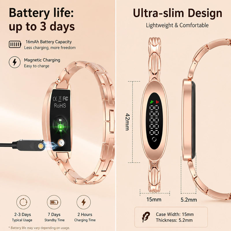 Ladies Smart Bracelet for Women Fitness Tracker Heart Rate Sleep Monitor Sports Modes Remote Camera Waterproof Ultra-Thin Luxury Womens Gold Smart Bracelet for Android iOS Phones silver