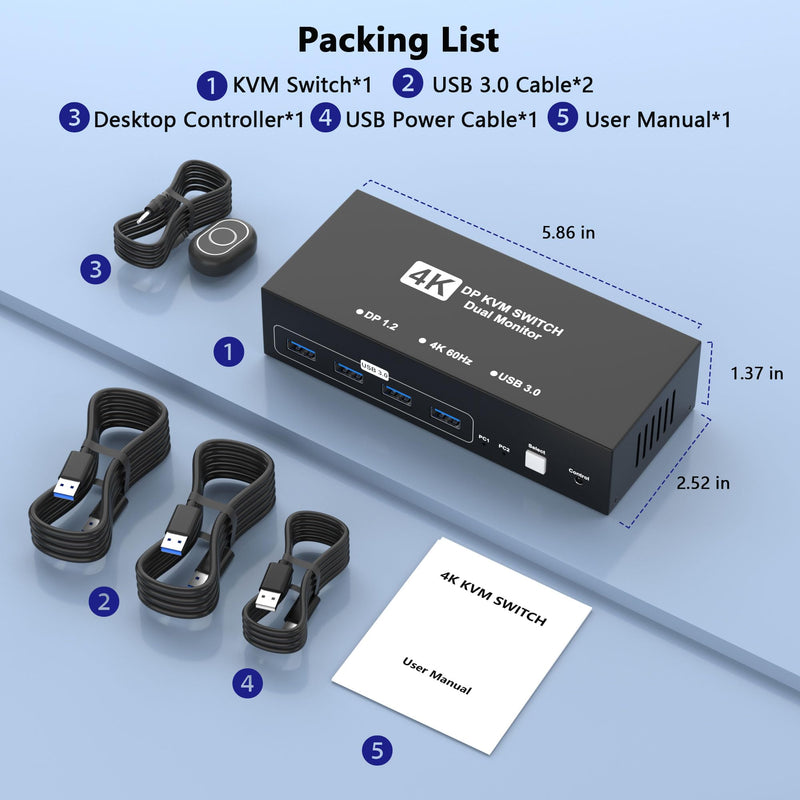 DisplayPort KVM Switch 2 Monitors 2 Computers, 4K@60Hz USB3.0 KVM Switch Display Port for 2 Computers Share Dual Monitors and 4 USB Devices, Computer Switch Monitor Switch for 2 Computers DP